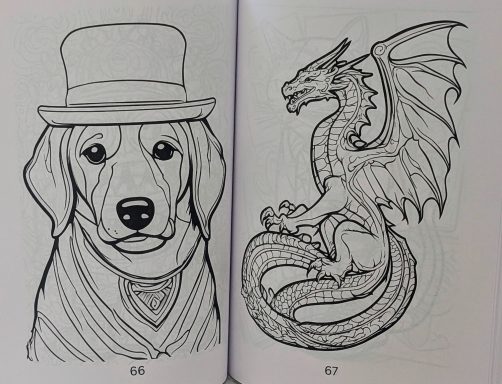 Ein Hund mit einem Zylinder neben einem Drachen mit ausgebreiteten Flügeln.