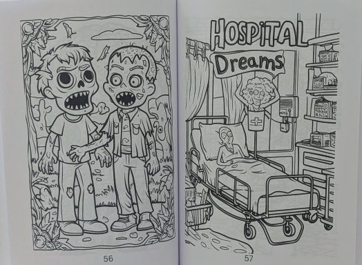 Zwei gruselige, zombiemäßige Figuren und eine Szene mit einem Krankenhausbett.