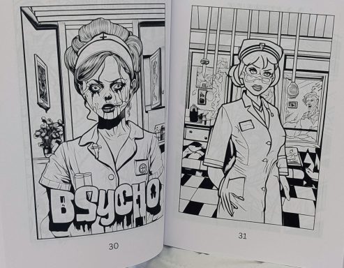 Zwei schwarz-weiße Comicfiguren: eine Krankenschwester und eine gruselige Frau, in einem Raum.