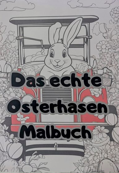 Ein Malbuch mit einem Osterhasen und einem roten Auto, umgeben von Ostereiern.