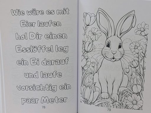 Ein grauer Hase steht vor einem Blumenfeld in einem Ausmalbild.