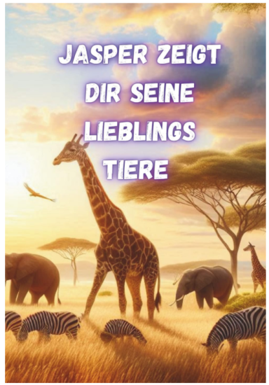 Giraffe und Elefanten in einer savannenähnlichen Landschaft, mit einem bunten Himmel.