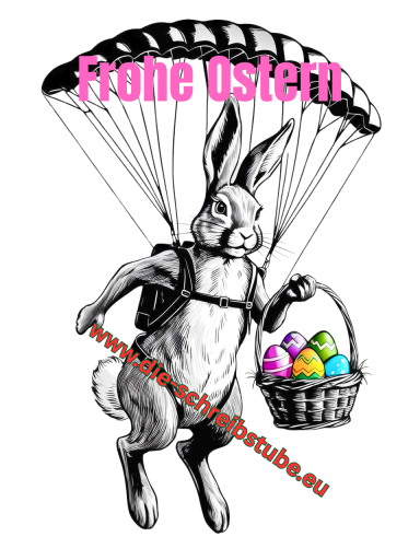 Ein Hase mit Fallschirm trägt einen Korb mit bunten Ostereiern.