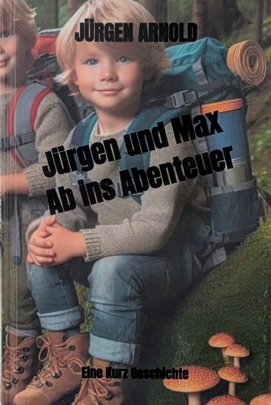 Zwei Kinder mit Rucksäcken im Freien, umgeben von Bäumen und Pilzen.