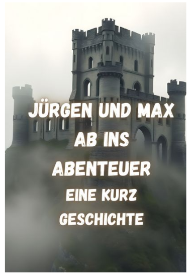 Titel "Jürgen und Max: Ab ins Abenteuer" auf nebligem Hintergrund mit einer Burg.