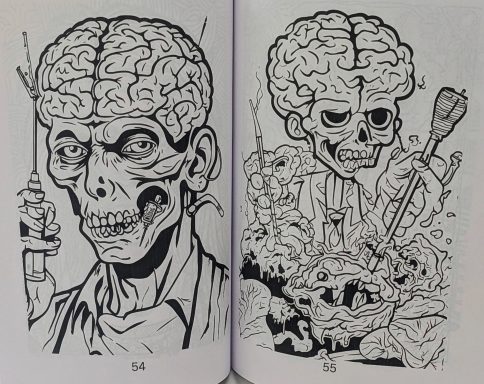 Zwei Zombies mit bewusstseinslosen Gehirnen und medizinischen Instrumenten in groteskem Stil.