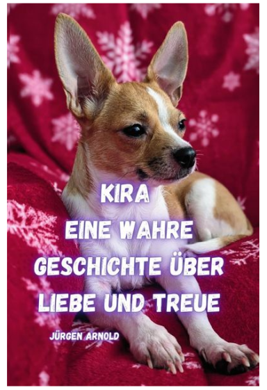 Ein kleiner Hund mit braun-weißen Flecken vor einem roten Hintergrund mit Schneeflocken.