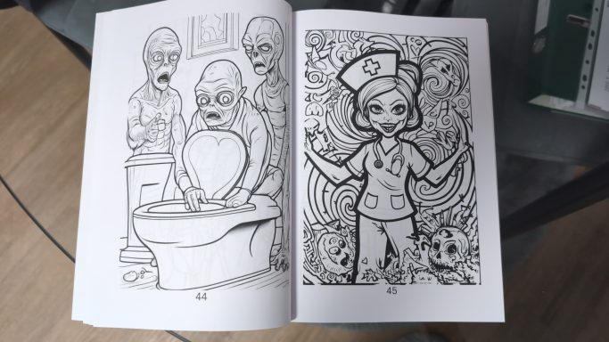 Eine Seite eines Malbuchs mit einer komischen Szene und einer Krankenschwester.