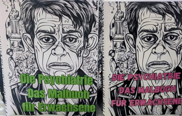 Illustration mit zwei Porträts von Männern, umgeben von Text über Psychiatrie für Erwachsene.