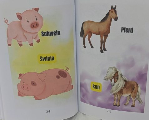 Ein Buch mit Zeichnungen von einem Schwein und einem Pferd.