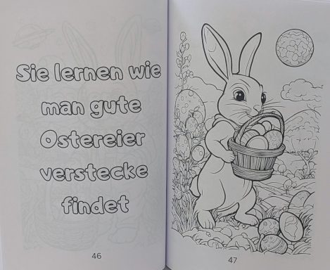 Ein Hase mit Korb voller Ostereier in einer Frühlingslandschaft.