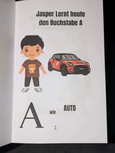 Junge mit Auto und Buchstabe A, Lernmaterial für Kinder.
