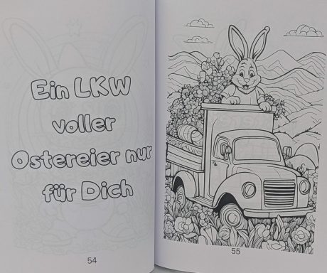 Ein LKW mit einem Hasen und bunten Ostereiern in einer malerischen Landschaft.