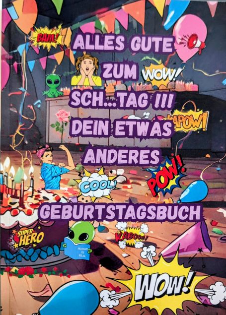 Bunte Geburtstagsfeier mit Konfetti, Luftballons und einem Geburtstagsbuch.