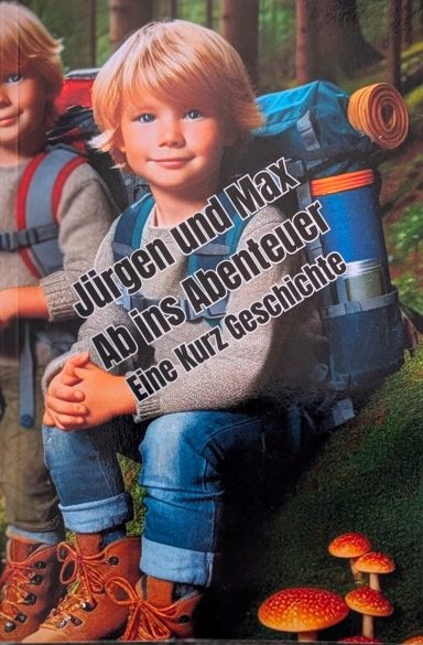 Zwei Jungen im Wald mit Rucksack, umgeben von Pilzen und Bäumen. Titel: "Jürgen und Max: Ein Abenteuer".